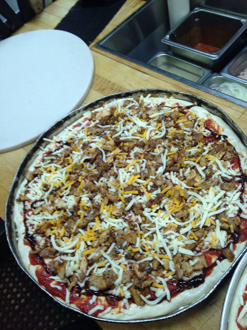 Fresh-baked pizza loaded with toppings